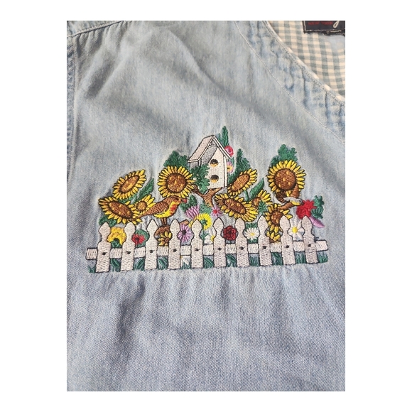 Vintage Quizz Again New York Embroidered Denim Shirt Women’s Size M Sunflower - Picture 3 of 7